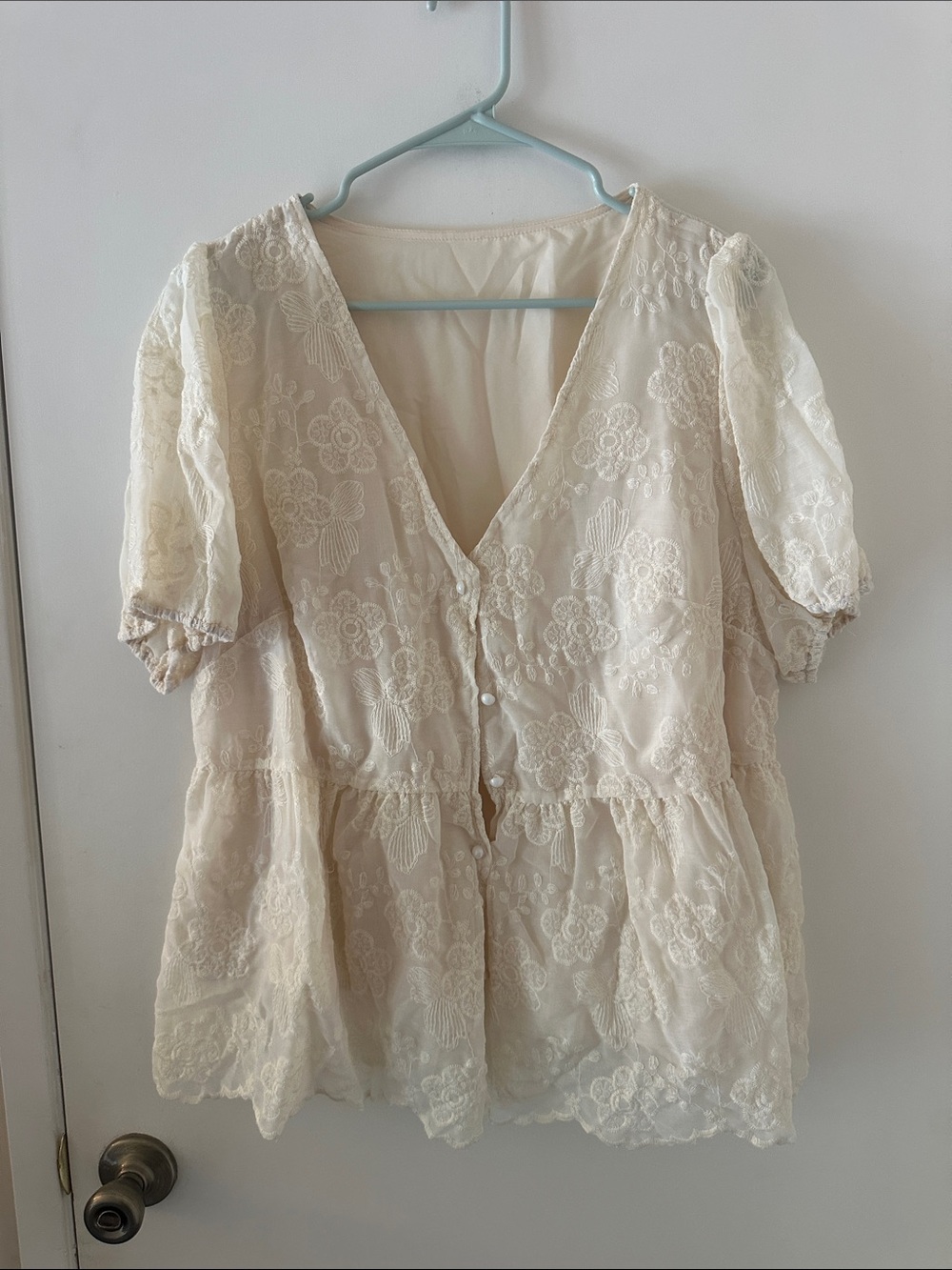 SHEIN Ivory Lace Button-Front Peplum Top